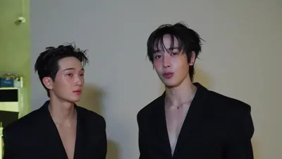xikers HUNTER and SUMIN at TMRW Magazine photoshoot... "Tried a red point for the second outfit"