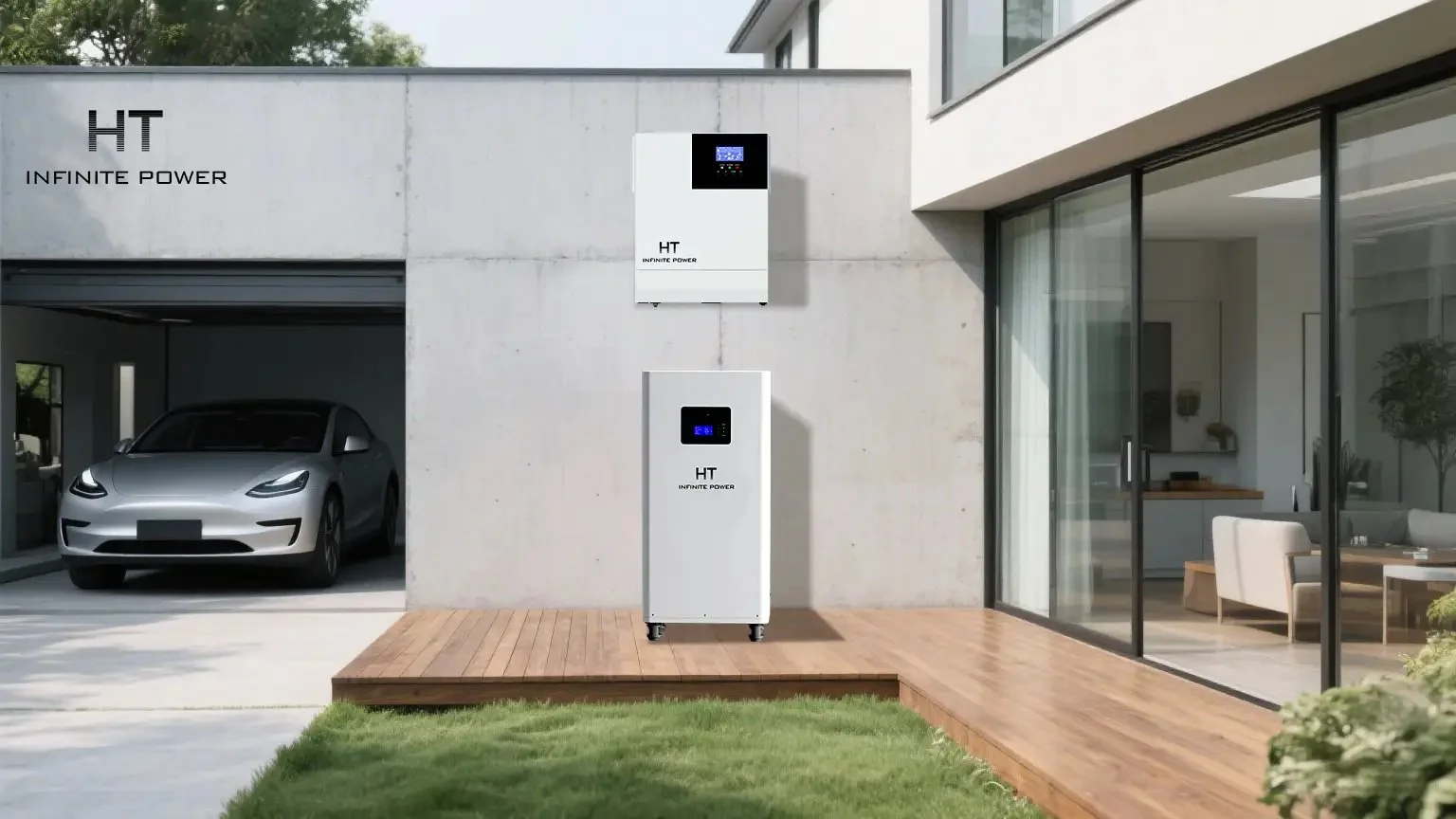 벽면에 설치된 5kW 인버터와 바닥의 10kWh 가정용 배터리